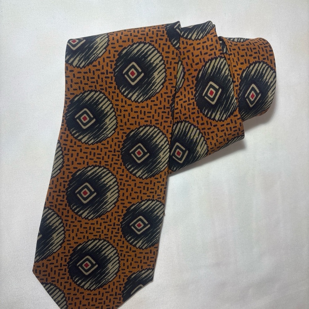 Giorgio Armani Cravatte Italy Silk Tie Brown Geometric Circle 3.5" X 55"